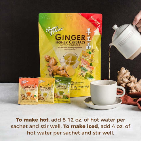 30 Prince of Peace Instant Ginger Honey Crystals Assorted, Sachets Instant Hot or Cold Beverage that Soothes Throat