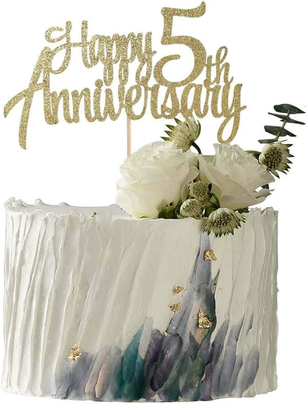5th Anniversary Party Decoration, Gold Glitter Cake Topper