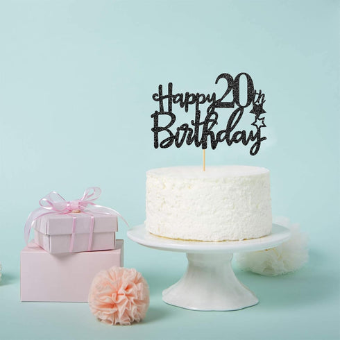 Black Glitter Happy 20th Birthday Cake Topper, Cheers to 20 Years Party Decorations