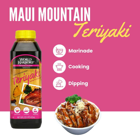 16-Fl Oz (Pack 2) World Harbors Maui Mountain Teriyaki Sauce & Marinade Perfect for Fish, Chicken, Beef, Pork, Wings
