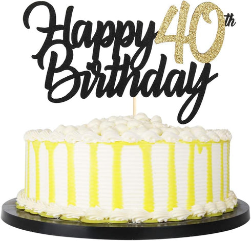 PALASASA Black Gold Glitter Happy Birthday Cake Topper, 40th Anniversary/Birthday Party Decoration