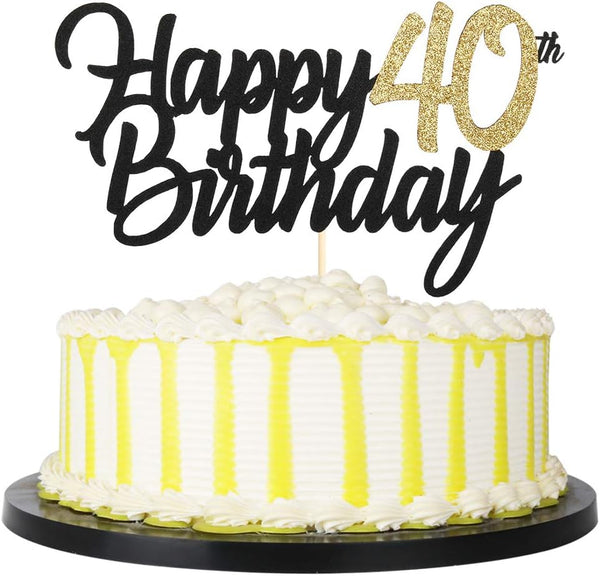 PALASASA Black Gold Glitter Happy Birthday Cake Topper, 40th Anniversary/Birthday Party Decoration