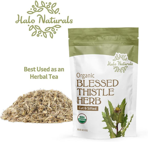 Halo Naturals 4 Packaged Organic Blessed Thistle Herb Cut & Sifted, Ounces (Cnicus benedictus) USDA Certified |