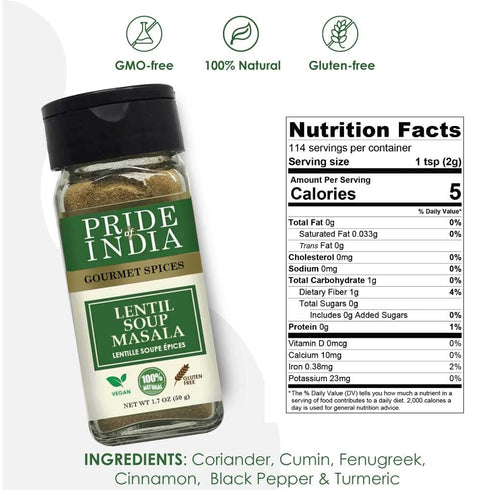 1.7 oz. Pride of India - Lentil Soup Masala Authentic Indian Taste Spice Blend for Lentil Soups and Stews Flavorful Mix