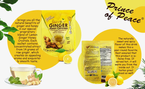 60 Prince of Peace Instant Ginger Honey Crystals with Lemon, Sachets Instant Hot or Cold Beverage Easy to Brew Drink