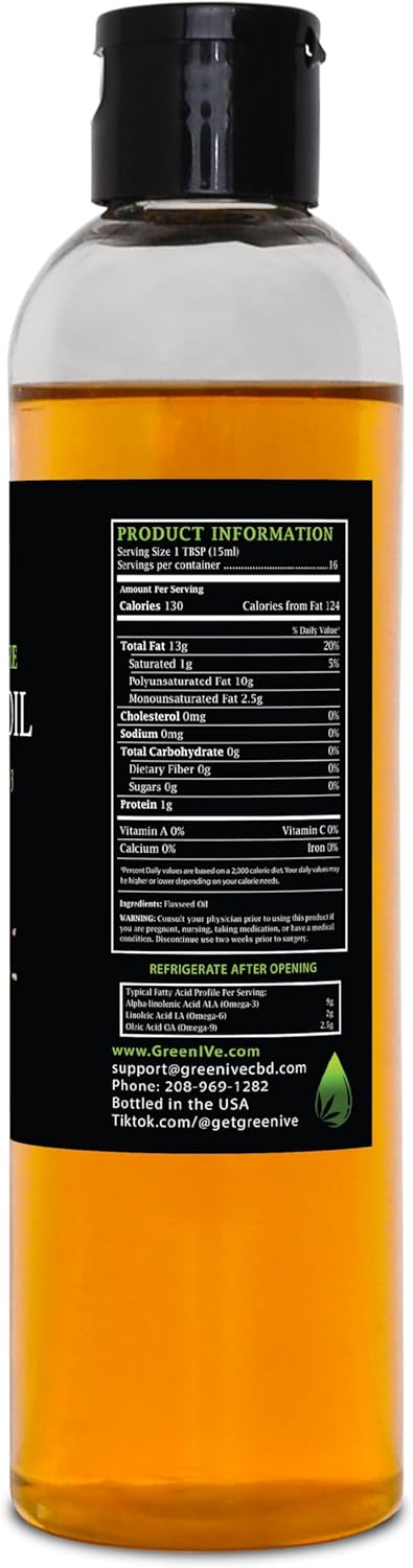 Grown100% (8 Oz) GreenIVe Flax Seed Oil Organically Pure Cold Pressed High Vegan Omega Fatty Acids Fl