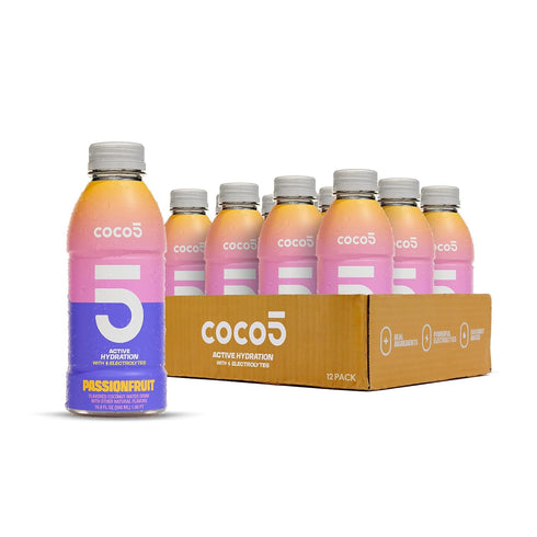 Coco5 100% 50% 16.9 OZ (Pack 12) Clean Sports Hydration Passion Fruit Flavor | Natural | Less Sugar | Nothing
