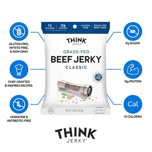 2.2 oz 4 Pack, 1 Think Jerky Beef and Turkey Jerky Variety, Original, Sweet Chipotle, Sriracha Honey, Sesame Teriyaki