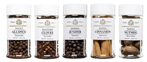 India Tree Winter Holiday Spice Gift Pack - Cinnamon, Nutmeg, Cloves, Allspice, Juniper Berries, 7.7 Oz