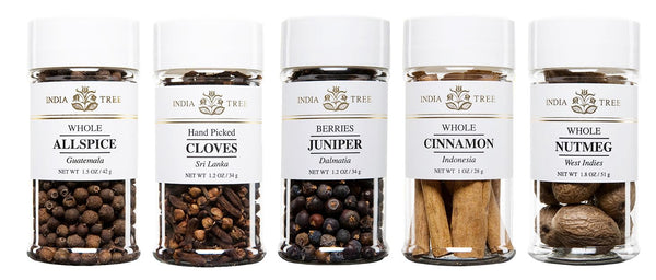 India Tree Winter Holiday Spice Gift Pack - Cinnamon, Nutmeg, Cloves, Allspice, Juniper Berries, 7.7 Oz