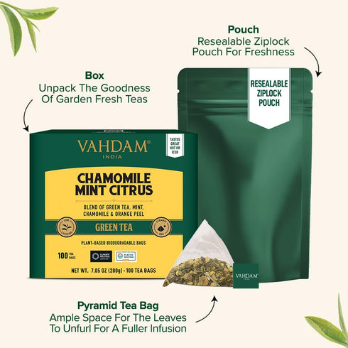 (100 Count) VAHDAM, Chamomile Mint Citrus Green Tea Bags Low Caffeine, Non GMO, Gluten Free | Sweet & Floral |