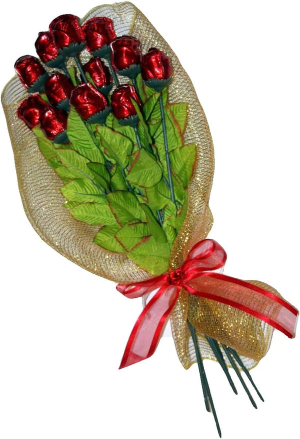FavorOnline One Dozen Long Stem Red Chocolate Roses Bouquet Gift Wrapped in Gold