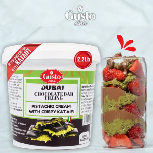 30% 35 oz (1kg), GUSTO ETNA Dubai Pistachio Chocolate Bar Filling- Pistachio Cream with Crispy Kataifi Pistachios