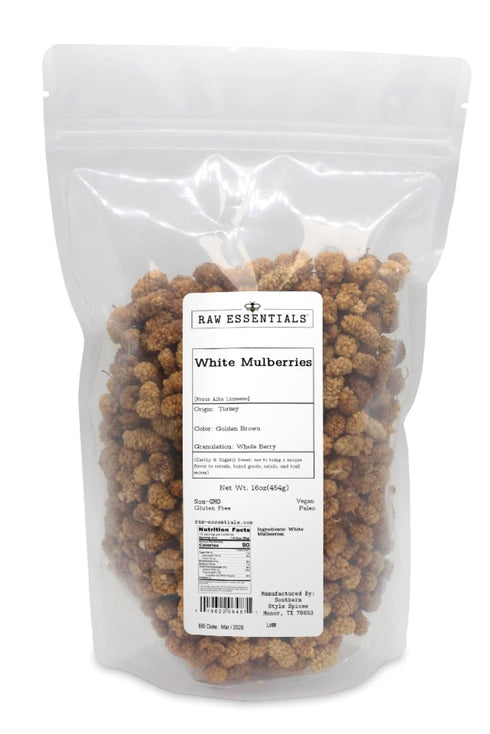 Mulberries 16 Raw Essentials Dried White - Earthy & Slightly Sweet - Perfect for Cereals, Baked Goods, Salads & Trail