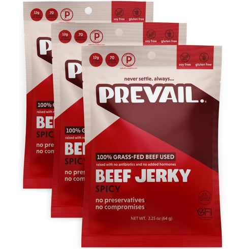 PREVAIL Spicy Grass-Fed Beef Jerky | SOY FREE | 100% Grass-Fed | Gluten Free Snacks | Pack of 3 Bags