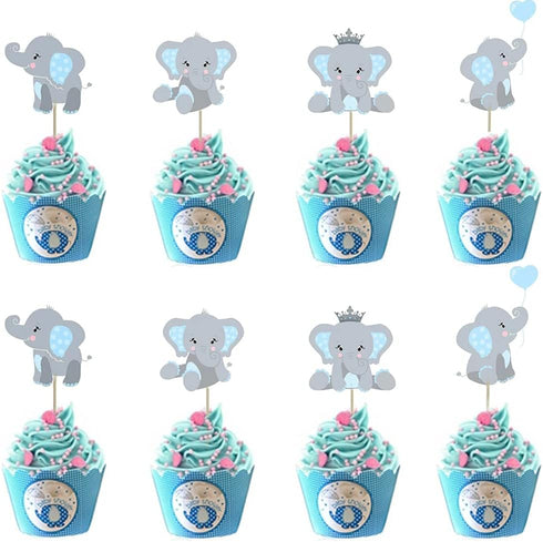 48pcs Blue Elephant Cupcake Toppers, Double Sided It is A Boy Picks for Elephant Theme Birthday Party Supplies