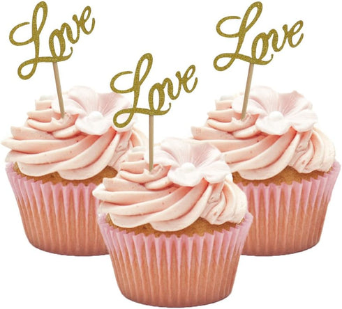 LOVE Cupcake Toppers, Glitter Dessert Food Cake Picks for Baby Shower, Wedding, Engagement, Birthday Party Supplies