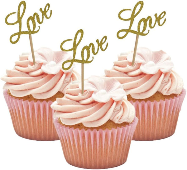 LOVE Cupcake Toppers, Glitter Dessert Food Cake Picks for Baby Shower, Wedding, Engagement, Birthday Party Supplies