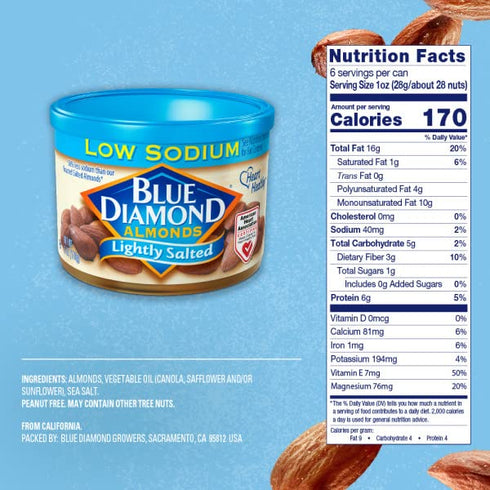 6 Blue Diamond Almonds, Lightly Salted, Low Sodium, Ounce