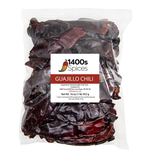 1lb Guajillo Stemless Chile Food Service Size, Whole Dried Red Chile Seco Mexican Peppers for Salsa by 1400s Spices