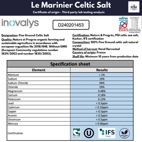 1.1lb 18oz. 100% (1.1lb Le Marinier Celtic Salt Organic Fine Ground, - Mineral Rich. Natural and Unrefined. French Sea