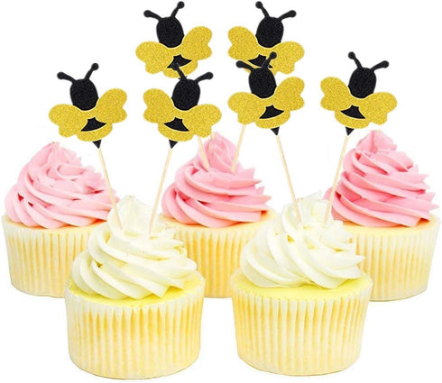 24 Pack Glitter Bumble Bee Cupcake Toppers for Baby Shower and Gender Reveal Party Decorations