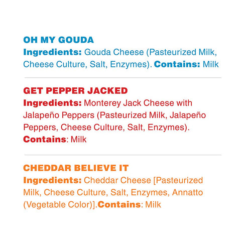 2-Ounce, 6-Pack, Moon Cheese Bites Bundle, Cheddar Believe It, Oh My Gouda & Get Pepper Jacked, Lunch or After-School