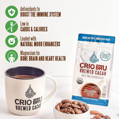 100% 99.99% (10oz) Crio Bru Brewed Cacao Double Chocolate Light Roast - Coffee Alternative Natural Healthy Drink | Pure