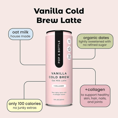 8 Oz (Pack 8) Pop & Bottle Vanilla Oat Milk Lattes - Cold Brew, Sustainably Sourced Marine Collagen, MCT Oil, Organic