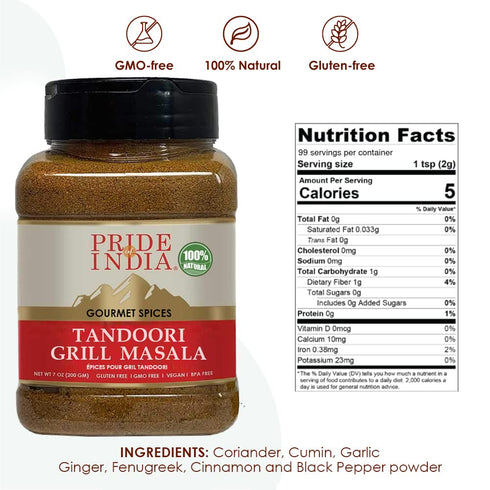 Pride of India – Tandoori Grill Masala – Blend of Exotic & Gourmet Spices – Ideal for Vegetable, Meat & Chicken Cooking – GMO Free – Easy to Use - 7 oz. Medium Dual Sifter Bottle