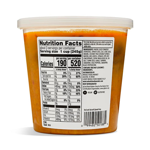 24 OZ Whole Foods Market Kitchens Red Lentil Dal & Spinach Soup