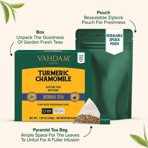 (100 Free,100% VAHDAM, Turmeric Chamomile Tea Bags Herbal Tea Bags) Caffeine Pure Herbal Tisane - Warm, Earthy & Floral