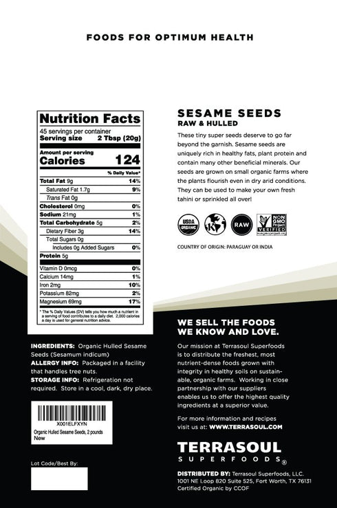 2 Lbs Terrasoul Superfoods Organic Hulled Sesame Seeds, - Perfect for Tahini | Gluten-free | Raw