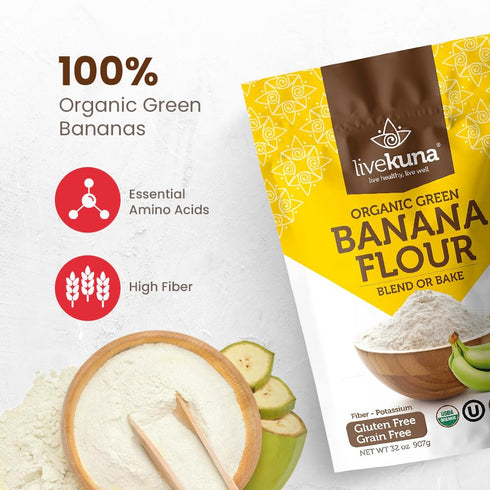 32oz LiveKuna Organic Banana Flour - Gluten Free All Purpose Flour Alternative For Baking & Cooking Recipes - Grain