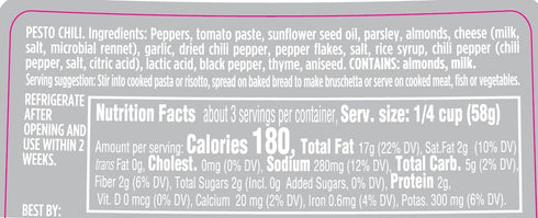 6.7 oz SACLA Chili Pesto | Hot & Spicy Italian Pesto Sauce with Red Chili Peppers & Tomatoes | Jar Non-GMO, Vegetarian