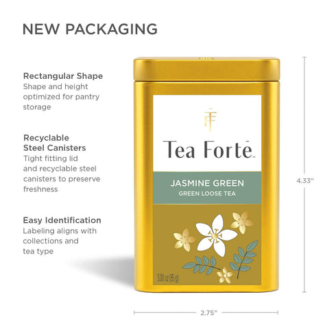 35-50 Tea Forte Jasmine Green Premium Loose Leaf Caffeinated Green Tea Blend Canister, Makes Cups
