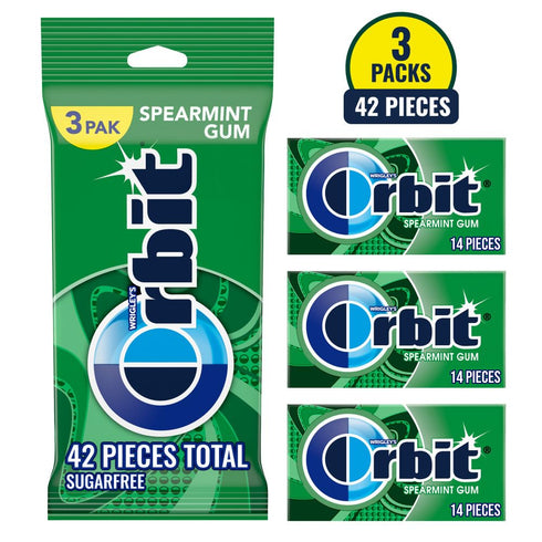 3 Pack ORBIT Spearmint Sugar Free Chewing Gum Travel Essentials, Ct