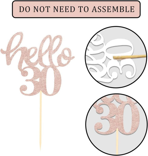 24 Pcs Rose Gold Glitter Cupcake Toppers for 30th Birthday, 30th Anniversary, Wedding Party Decorations