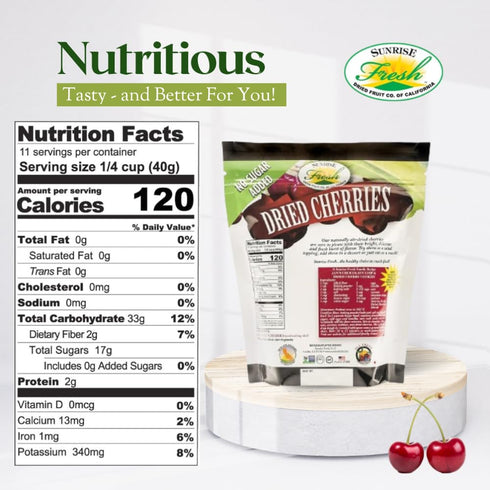 1 lb Sunrise Fresh Dried Sweet Cherries, Unsweetened, No Sugar Added, Fresh Fruit Flavor, Bag