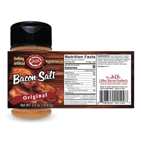 2.6 J&D's Bacon Salt, Original, Ounce, Bacon-Flavored Seasoning Salt, Vegan, Vegetarian, Kosher