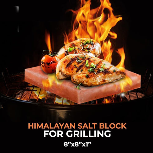 8x8x1 ZK Himalayan Salt Cooking Block Plate with Steel Tray Holder- Food Grade Rock Salt for Grilling, Cutting