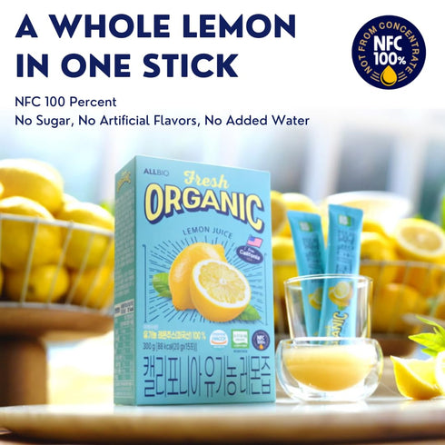 ALLBIO 0.67oz 15 Pack Packets Organic Lemon Juice Sticks | x USDA Certified, Cold-Pressed, Not From Concentrate | No