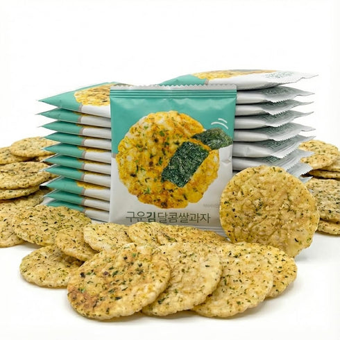K-Herb Korean Baked Sweet Rice Cracker Bites with Roasted Seaweed, Crunchy Korean Snack,