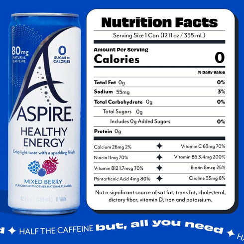 12 Pack ASPIRE Mixed Berry, Healthy Energy Drink with Low Caffeine, No Sugar, Carbs, and Keto Friendly