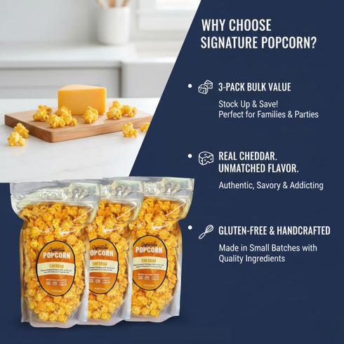 3-Pack Signature Popcorn, Cheddar Cheese Popcorn Snack, Large Resealable Bags, Gourmet Popcorn, Gluten-Free, Non-GMO
