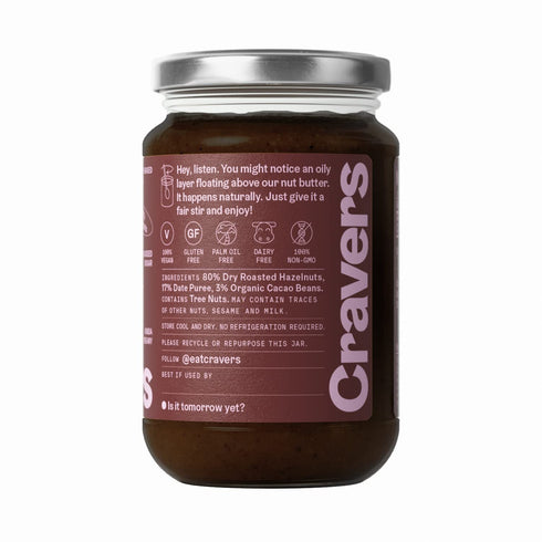 Cravers Cacao Hazelnut Spread No Refined Sugar - Vegan, Paleo & Gluten Free - No Palm Oil & No Artificial Sweeteners