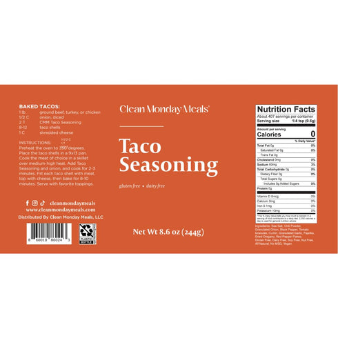 Clean Monday Meals Taco Seasoning Mix | Gluten Free, Dairy Free, Non-GMO Herb Blend for Pasta, Roasts, Sauces & Meal