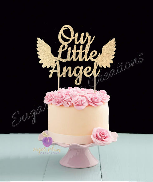Sugar Plum Creations Our Little Angel Cake Topper, Gold, 7" W x 5.3" H for Baptism