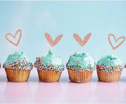24 PCS Rose Gold Glitter Heart Cupcake Toppers, Cute Design for Wedding, Bridal, Anniversary Party Decorations
