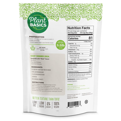 1 lb, Plant Basics - Hearty Plant Protein - Unflavored Ground, Non-GMO, Gluten Free, Low Fat, Low Sodium, Vegan, Meat
